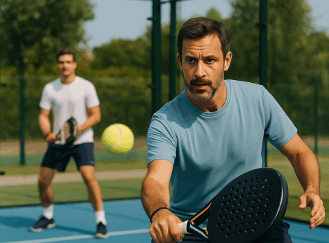 two men play padel on an outside court