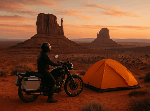 A motorbike is parked next to a tent in the Arizona desert