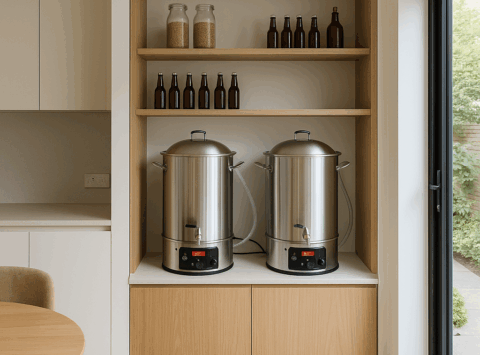 Home brew equipment tidied away in a home